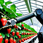 A highly advanced intelligent harvesting robot, equipped with a high-definition visual system, precisely and gently plucking a perfectly ripe, vibrant red strawberry from a healthy plant in a clean, modern greenhouse. The robot's sophisticated mechanical arm and sensors are clearly visible, demonstrating cutting-edge agricultural technology. The overall scene is bright and highlights innovation in food production. Professional photography, high quality, perfect anatomy, correct proportions, natural pose. safe for work, appropriate content, fully clothed, professional.