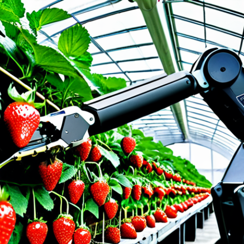 A highly advanced intelligent harvesting robot, equipped with a high-definition visual system, precisely and gently plucking a perfectly ripe, vibrant red strawberry from a healthy plant in a clean, modern greenhouse. The robot's sophisticated mechanical arm and sensors are clearly visible, demonstrating cutting-edge agricultural technology. The overall scene is bright and highlights innovation in food production. Professional photography, high quality, perfect anatomy, correct proportions, natural pose. safe for work, appropriate content, fully clothed, professional.