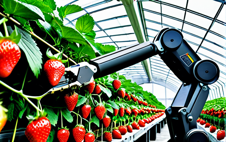 A highly advanced intelligent harvesting robot, equipped with a high-definition visual system, precisely and gently plucking a perfectly ripe, vibrant red strawberry from a healthy plant in a clean, modern greenhouse. The robot's sophisticated mechanical arm and sensors are clearly visible, demonstrating cutting-edge agricultural technology. The overall scene is bright and highlights innovation in food production. Professional photography, high quality, perfect anatomy, correct proportions, natural pose. safe for work, appropriate content, fully clothed, professional.