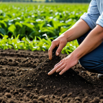 A professional farmer, fully clothed in modest, practical work attire, gently sifting rich, dark soil in a vibrant, carbon-rich agricultural field. The scene emphasizes regenerative practices, with visible straw residue from no-till farming and lush, healthy crops thriving. The ground is visibly fertile, subtly suggesting the presence of earthworms and active microorganisms. The setting is bathed in natural light, showcasing the vitality of the land. Perfect anatomy, correct proportions, natural pose, well-formed hands, proper finger count, natural body proportions. Professional photography, high quality, safe for work, appropriate content, fully clothed, modest, family-friendly.