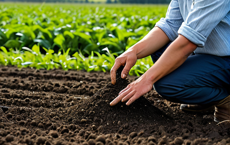 A professional farmer, fully clothed in modest, practical work attire, gently sifting rich, dark soil in a vibrant, carbon-rich agricultural field. The scene emphasizes regenerative practices, with visible straw residue from no-till farming and lush, healthy crops thriving. The ground is visibly fertile, subtly suggesting the presence of earthworms and active microorganisms. The setting is bathed in natural light, showcasing the vitality of the land. Perfect anatomy, correct proportions, natural pose, well-formed hands, proper finger count, natural body proportions. Professional photography, high quality, safe for work, appropriate content, fully clothed, modest, family-friendly.