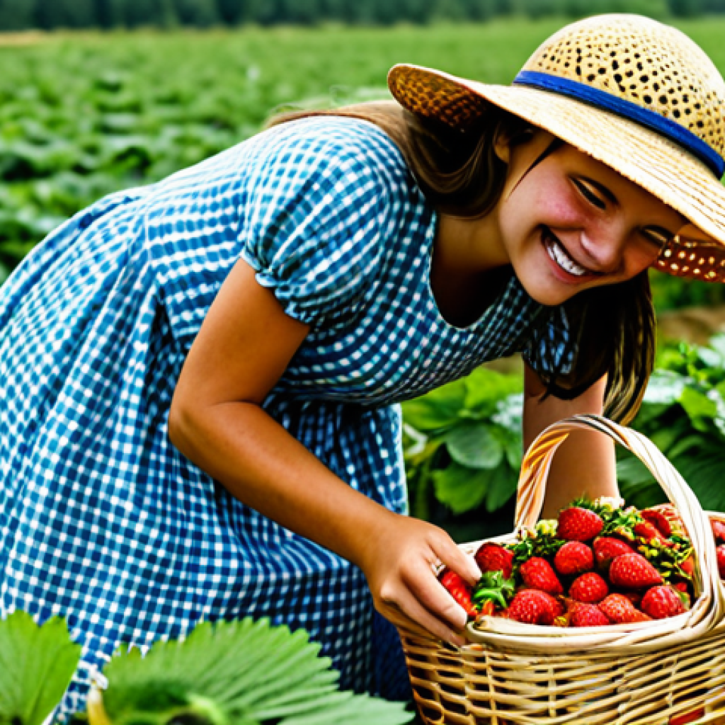 농업 생태 관광 - Strawberry Picking**
"A fully clothed woman in a modest sun dress and straw hat smiles as she picks...