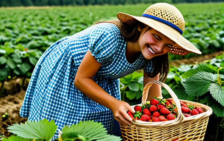 농업 생태 관광 - Strawberry Picking**

"A fully clothed woman in a modest sun dress and straw hat smiles as she picks...