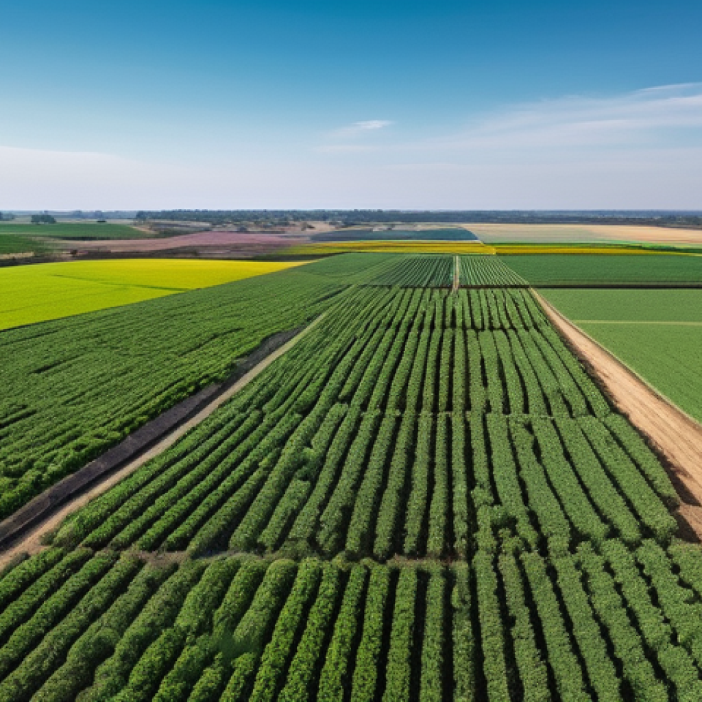 농업 원격 센싱 활용 - **"Aerial Eye" - Crop Health Monitoring:**
    A high-definition, panoramic aerial shot of a sprawli...