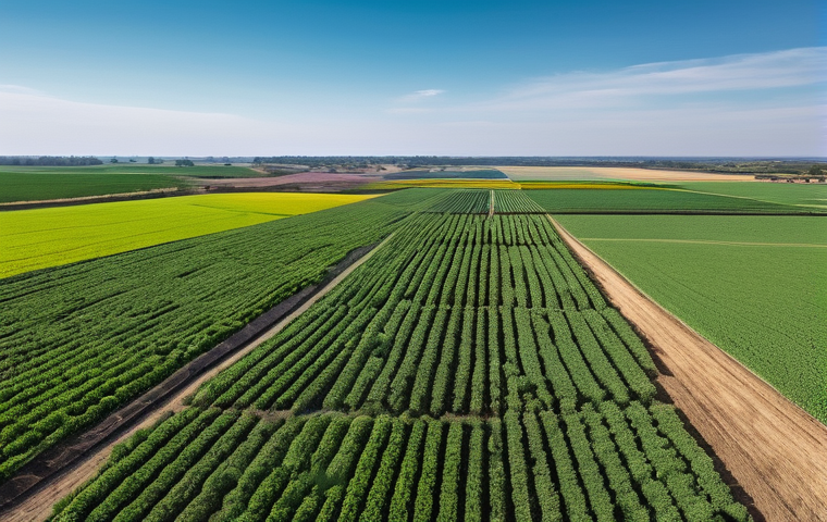 농업 원격 센싱 활용 - **"Aerial Eye" - Crop Health Monitoring:**
    A high-definition, panoramic aerial shot of a sprawli...