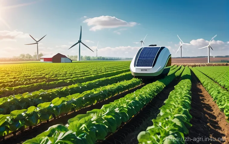 농업 환경 보호 기술 연구 - **Prompt:** A vibrant, sun-drenched agricultural field showcasing the future of smart farming. In th...