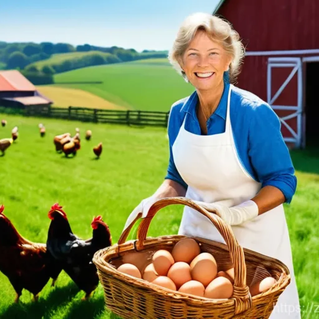 농업 온라인 마케팅 - **Prompt:** A warm, idyllic scene on a small, ecological farm. A friendly, middle-aged female farmer...