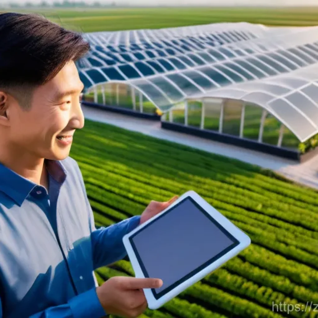 농업 지속 가능 정책 분석 - A vibrant aerial view of a modern Chinese smart farm at sunrise, showcasing meticulously arranged fi...