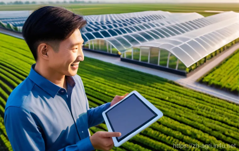 농업 지속 가능 정책 분석 - A vibrant aerial view of a modern Chinese smart farm at sunrise, showcasing meticulously arranged fi...