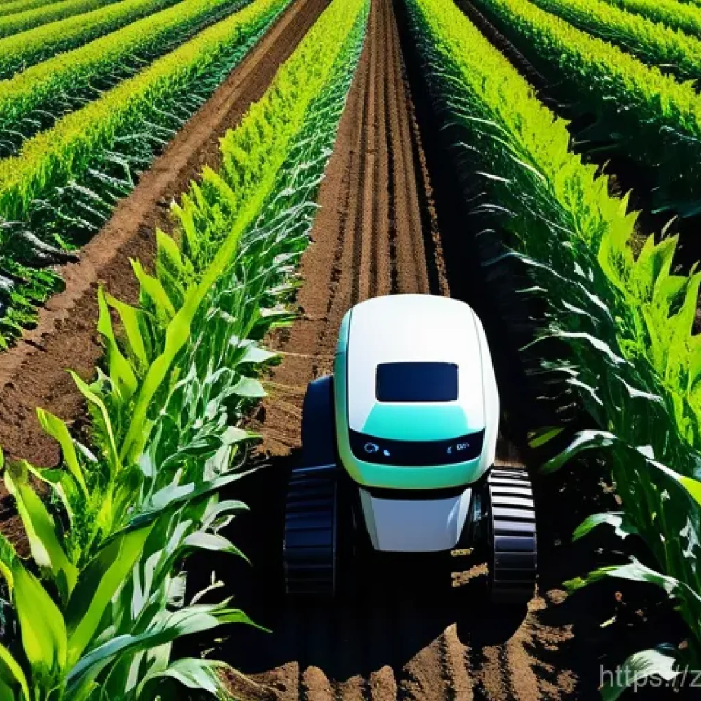 농업 자율 로봇 적용 사례 - **Prompt:** An advanced, sleek white and green agricultural robot with multiple sensors and precisio...