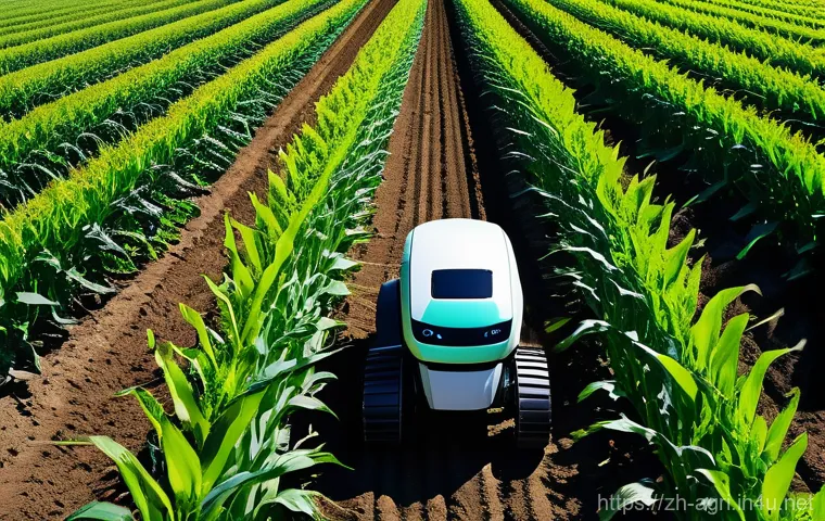 농업 자율 로봇 적용 사례 - **Prompt:** An advanced, sleek white and green agricultural robot with multiple sensors and precisio...