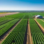 농업 탄소 배출 저감 기술 - An aerial view of a meticulously managed, lush green smart farm under a clear blue sky. Advanced agr...