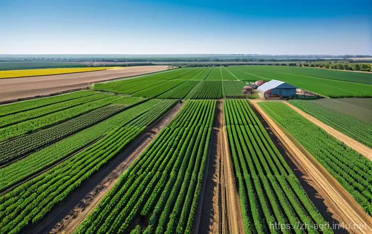 농업 탄소 배출 저감 기술 - An aerial view of a meticulously managed, lush green smart farm under a clear blue sky. Advanced agr...