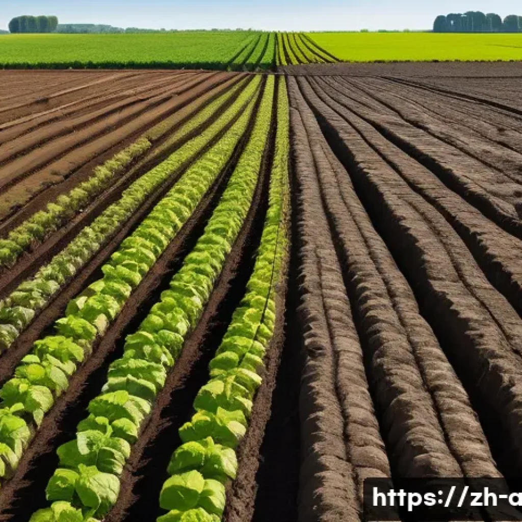 농업 생태계 복원 - A side-by-side illustration showcasing two contrasting agricultural landscapes. On the left, a desol...