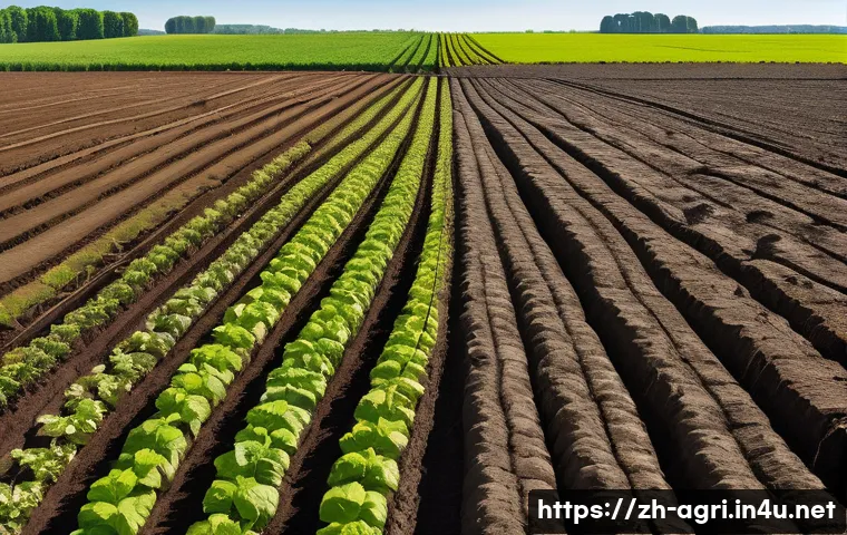 농업 생태계 복원 - A side-by-side illustration showcasing two contrasting agricultural landscapes. On the left, a desol...