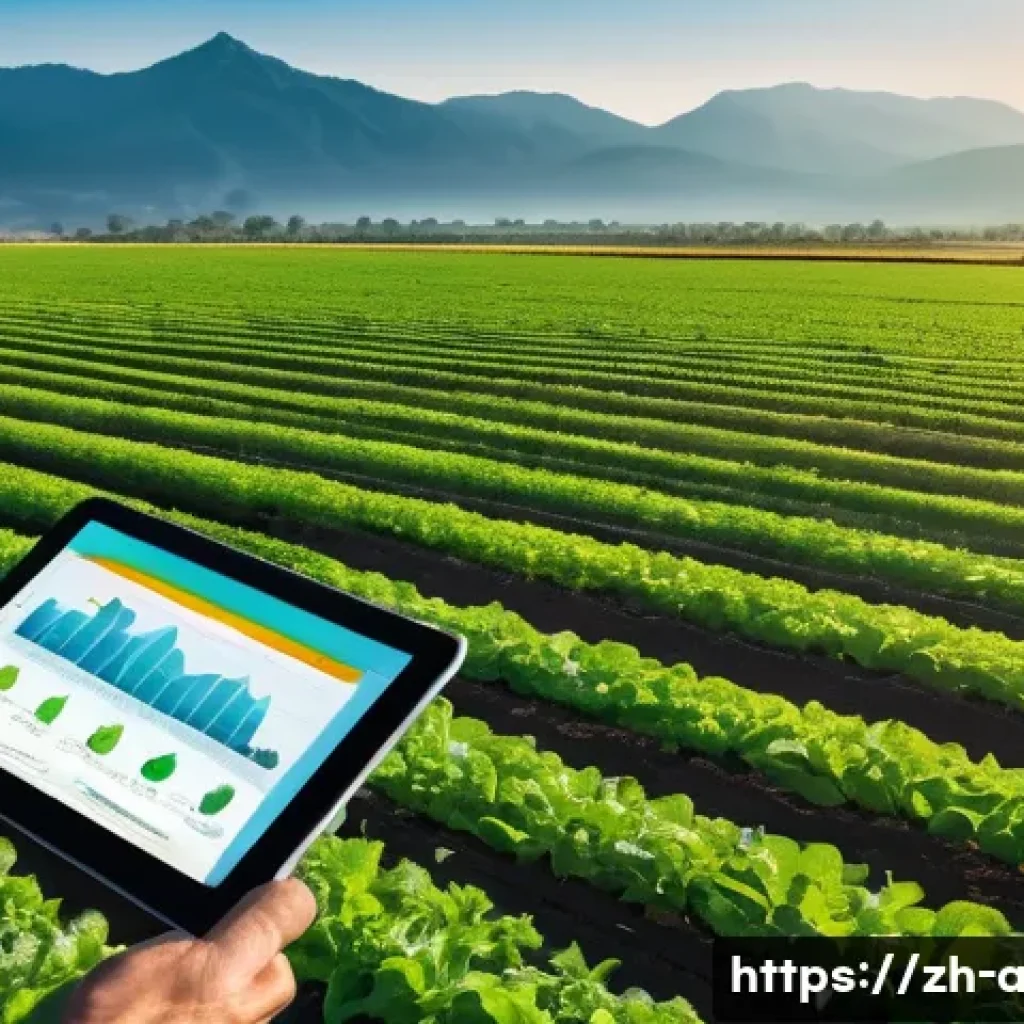 농업 데이터 분석 소프트웨어 - A modern smart farm scene at sunrise, featuring drones flying over vast crop fields equipped with mu...