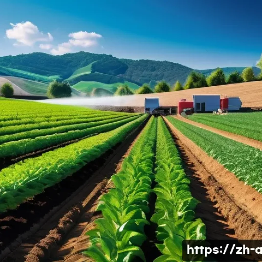 농업 자동 관개 시스템 - A modern smart irrigation system installed in a large, terraced hillside farm with diverse crops. Th...