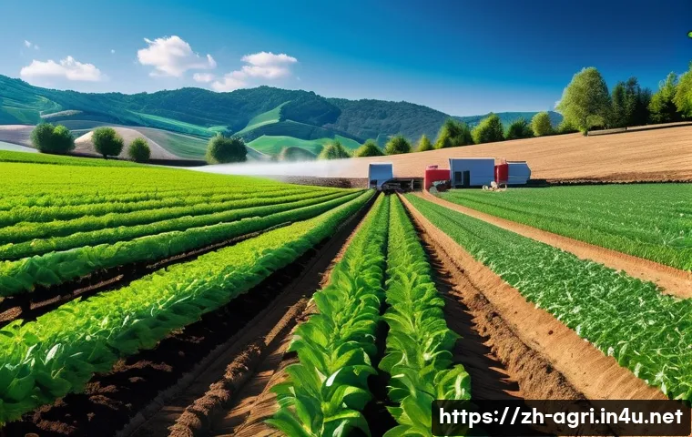 농업 자동 관개 시스템 - A modern smart irrigation system installed in a large, terraced hillside farm with diverse crops. Th...