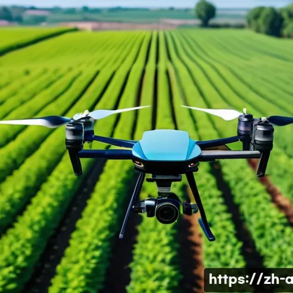 농업용 드론 활용 - A high-tech agricultural drone flying low over a vast, lush green farmland during daytime, precisely...