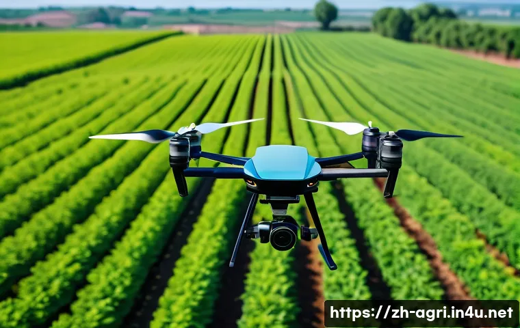 농업용 드론 활용 - A high-tech agricultural drone flying low over a vast, lush green farmland during daytime, precisely...