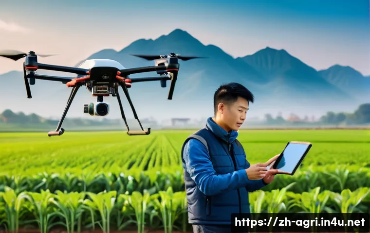 농업 드론 비행 안전 기준 - A detailed scene of a modern agricultural drone pre-flight inspection in a rural Chinese farmland se...