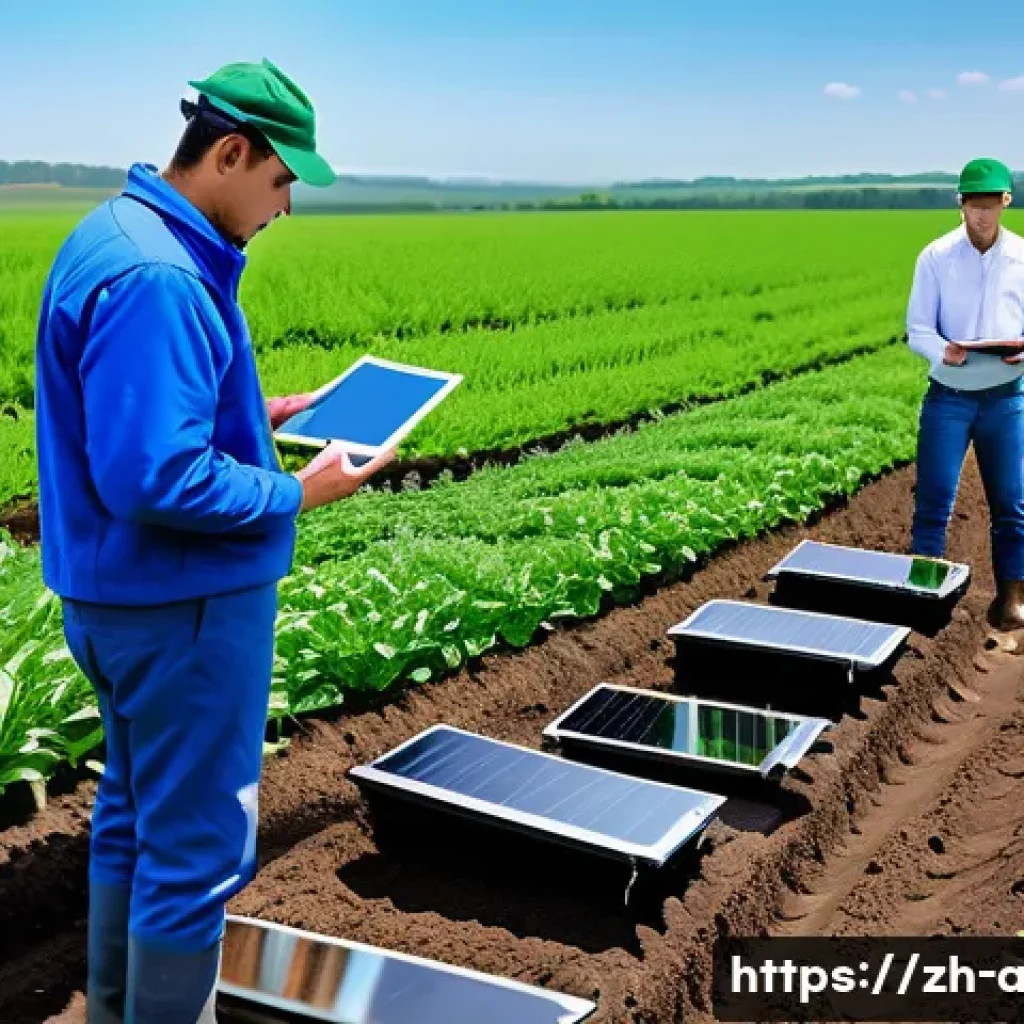 농업 스마트 센서 - A modern agricultural field equipped with multiple smart sensors including soil moisture, temperatur...