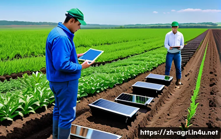 농업 스마트 센서 - A modern agricultural field equipped with multiple smart sensors including soil moisture, temperatur...