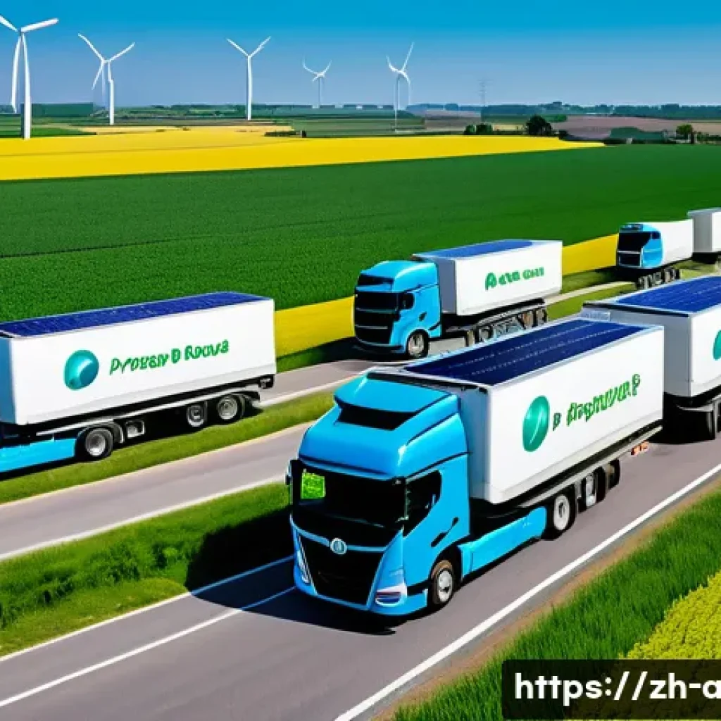 농업 유통 최적화 기술 - A modern agricultural logistics scene featuring a fleet of electric delivery trucks equipped with GP...