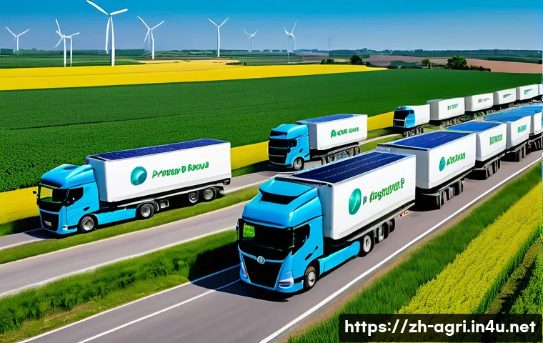 농업 유통 최적화 기술 - A modern agricultural logistics scene featuring a fleet of electric delivery trucks equipped with GP...