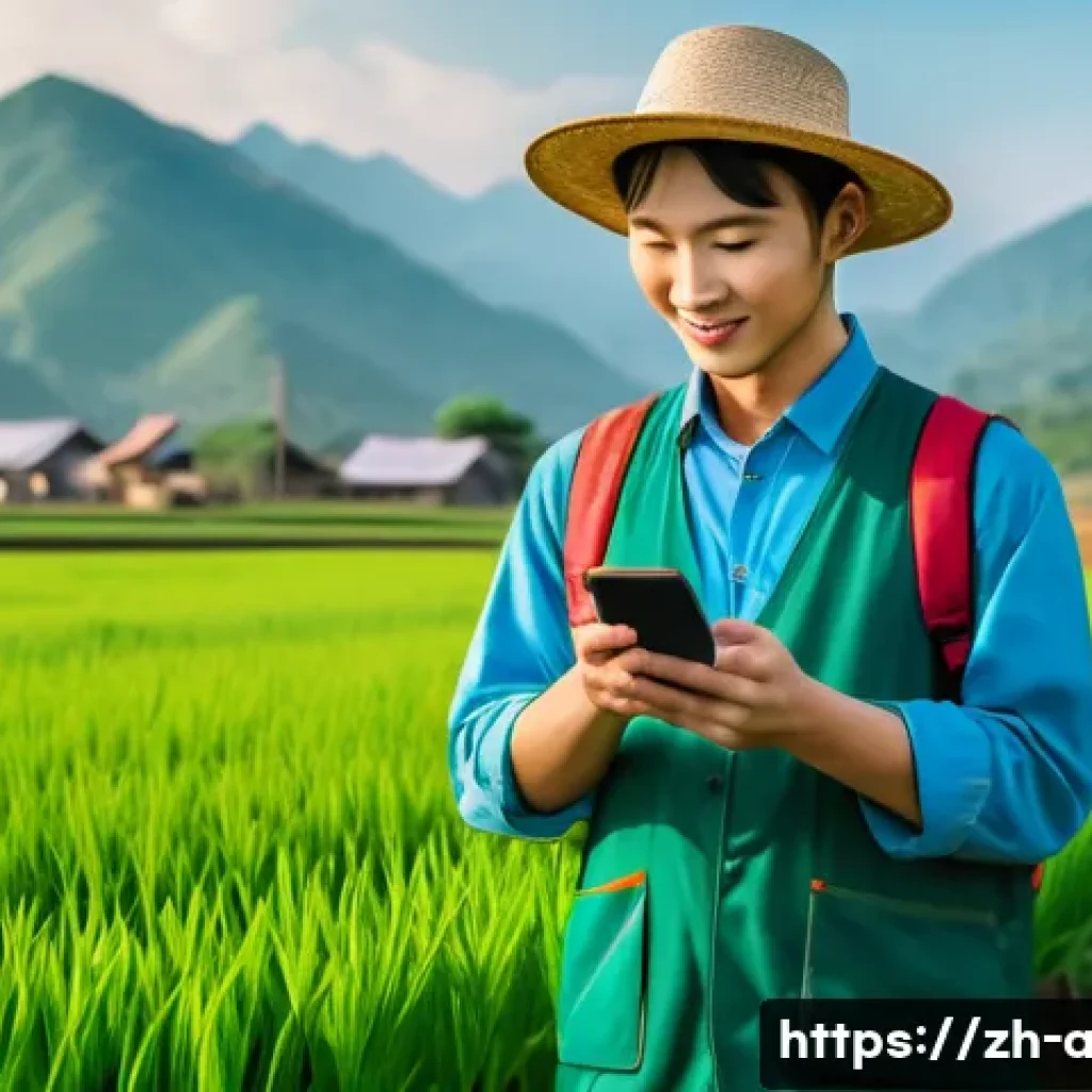 농업 온라인 강의 플랫폼 - A modern Chinese farmer using a smartphone in a lush green field during daytime, casually dressed in...