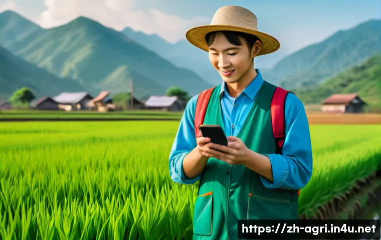 농업 온라인 강의 플랫폼 - A modern Chinese farmer using a smartphone in a lush green field during daytime, casually dressed in...
