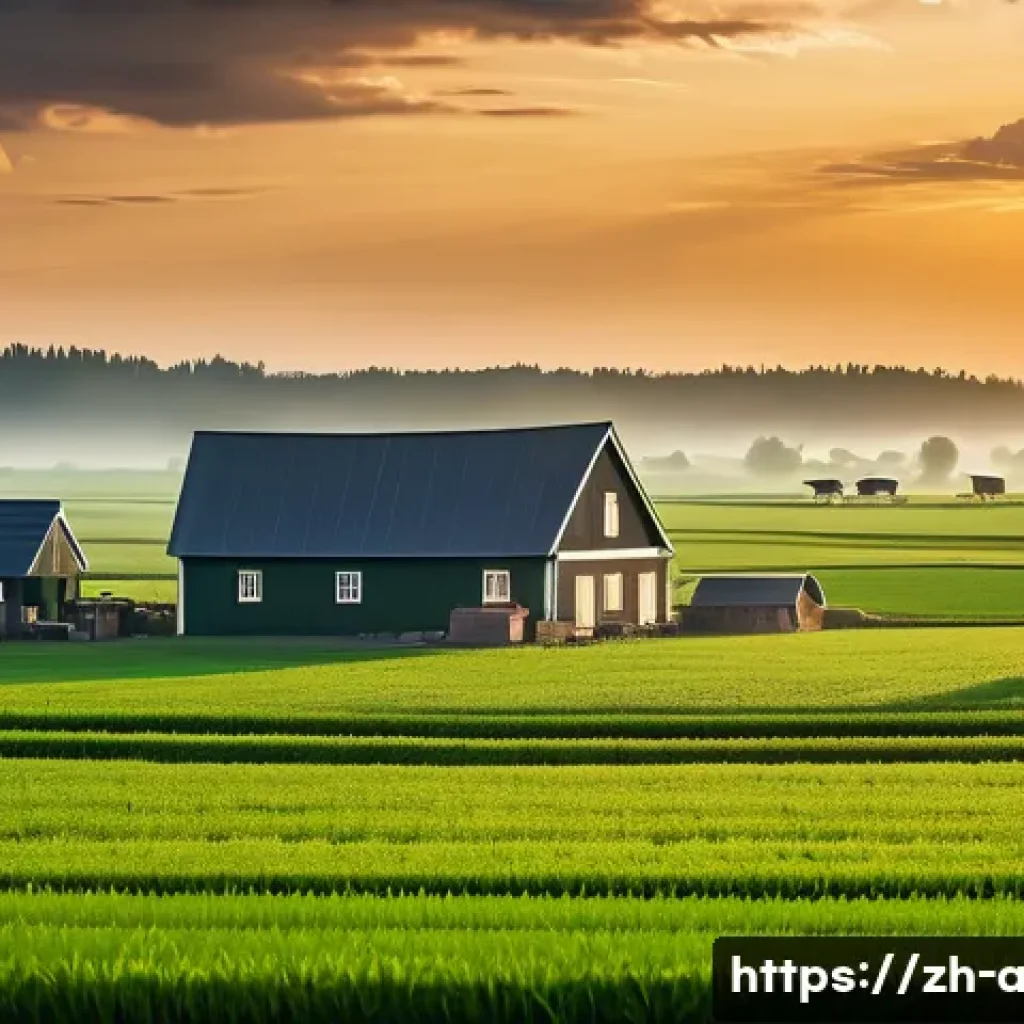 농업 관련 인공지능 윤리 - A modern smart farm scene at sunrise with advanced agricultural drones flying above vast green field...