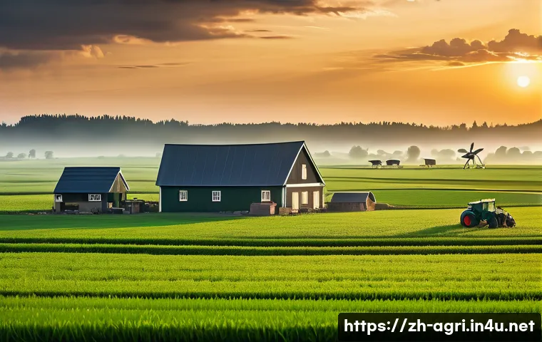 농업 관련 인공지능 윤리 - A modern smart farm scene at sunrise with advanced agricultural drones flying above vast green field...