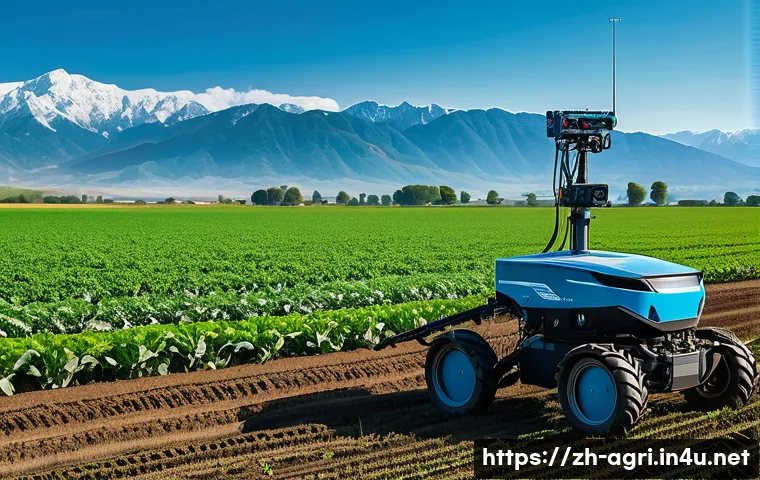 농업 로봇 개발 - A high-tech agricultural robot equipped with multispectral cameras autonomously patrolling a large, ...