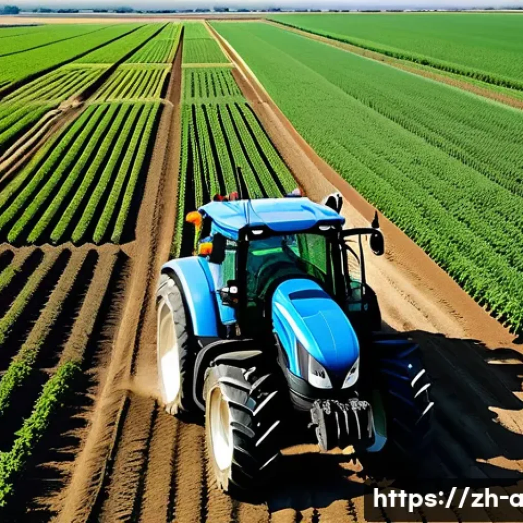 농업 기계 로봇화 연구 - A modern large-scale farm scene featuring an autonomous tractor with sleek design, equipped with GPS...