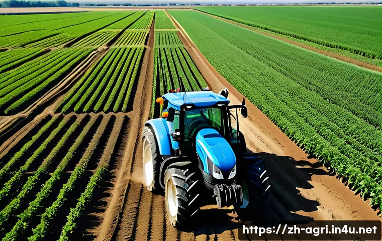 농업 기계 로봇화 연구 - A modern large-scale farm scene featuring an autonomous tractor with sleek design, equipped with GPS...