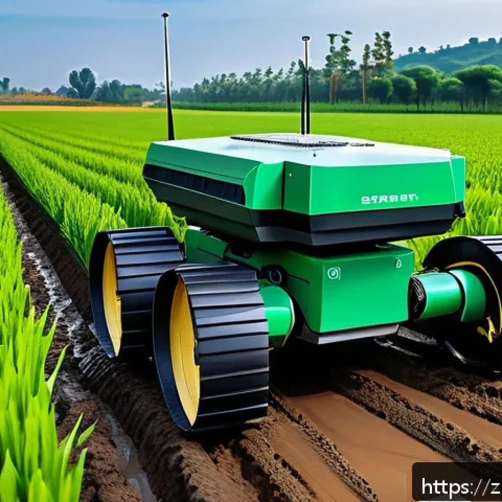 농업용 로봇 프로그래밍 - A highly detailed agricultural robot navigating a muddy and uneven field using tracked wheels, equip...