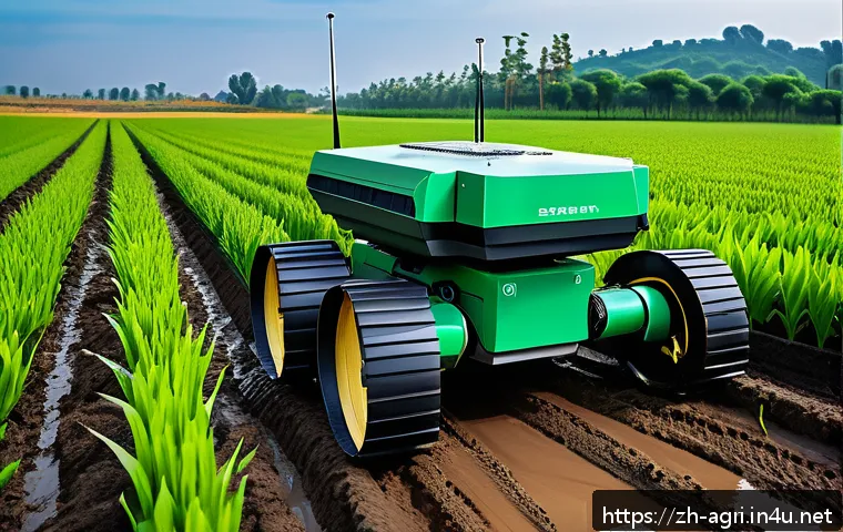 농업용 로봇 프로그래밍 - A highly detailed agricultural robot navigating a muddy and uneven field using tracked wheels, equip...