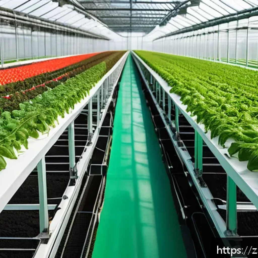 농업 자동 온실 시스템 - A modern smart greenhouse interior showing rows of healthy tomato plants thriving under automated cl...