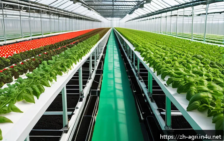 농업 자동 온실 시스템 - A modern smart greenhouse interior showing rows of healthy tomato plants thriving under automated cl...