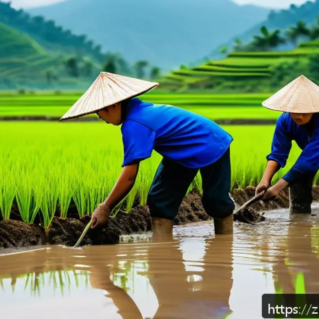 농업 현장 실습 프로그램 - A vibrant modern rice paddy field scene under a bright sunny sky, showing diverse interns wearing li...