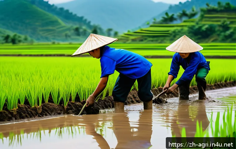 농업 현장 실습 프로그램 - A vibrant modern rice paddy field scene under a bright sunny sky, showing diverse interns wearing li...