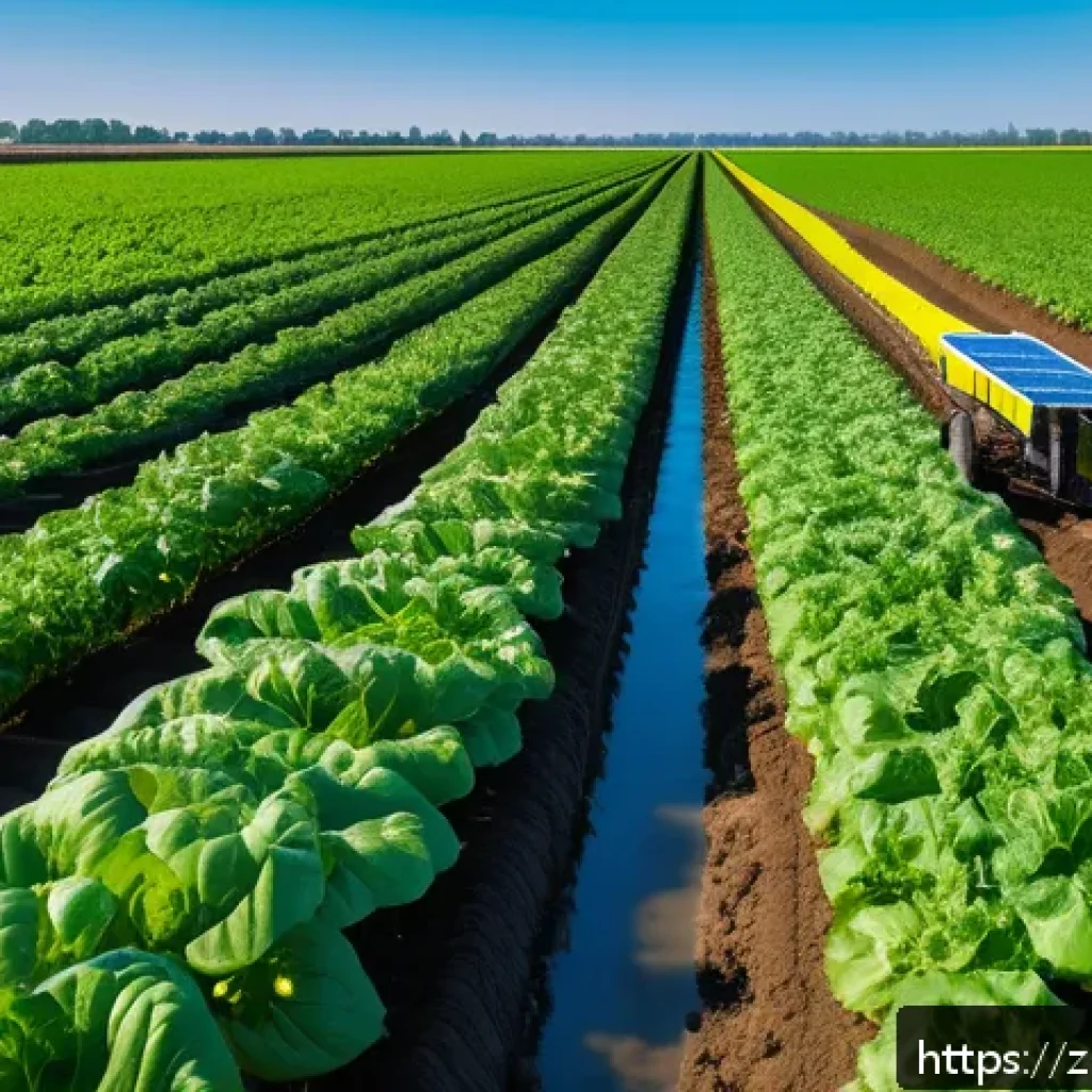 농업 생명정보학 데이터 분석 - A modern vegetable farm field equipped with multiple soil sensors measuring moisture, temperature, a...