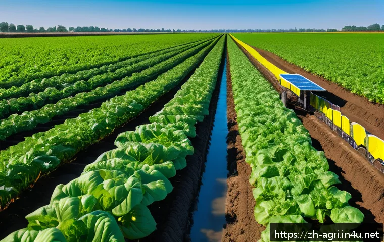 농업 생명정보학 데이터 분석 - A modern vegetable farm field equipped with multiple soil sensors measuring moisture, temperature, a...