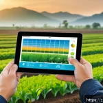 농업 소프트웨어 개발 사례 - A high-tech smart farm scene at sunrise featuring a farmer monitoring a digital tablet app displayin...