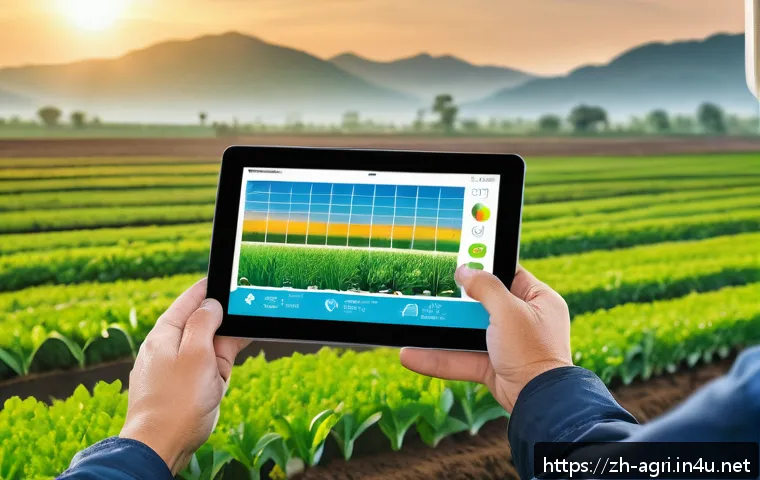농업 소프트웨어 개발 사례 - A high-tech smart farm scene at sunrise featuring a farmer monitoring a digital tablet app displayin...