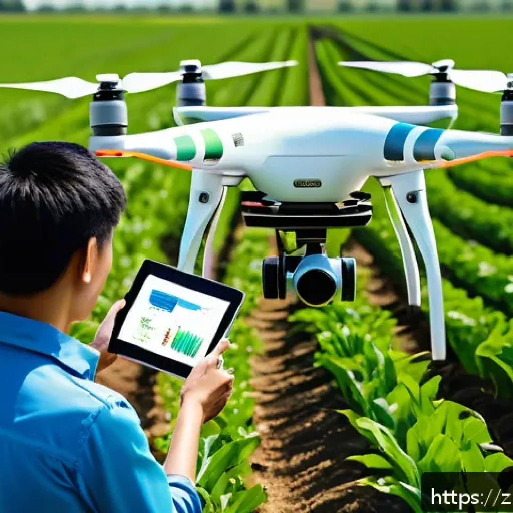 작물학 개론 - A futuristic agricultural field scene showcasing a farmer operating advanced smart farming equipment...