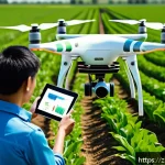 작물학 개론 - A futuristic agricultural field scene showcasing a farmer operating advanced smart farming equipment...
