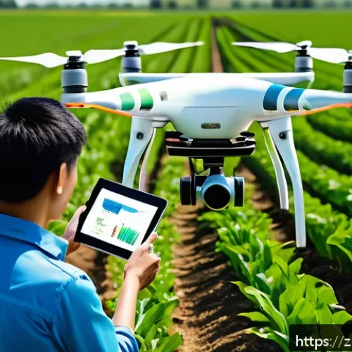 작물학 개론 - A futuristic agricultural field scene showcasing a farmer operating advanced smart farming equipment...