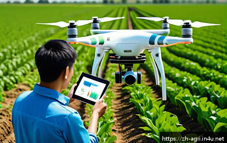 작물학 개론 - A futuristic agricultural field scene showcasing a farmer operating advanced smart farming equipment...